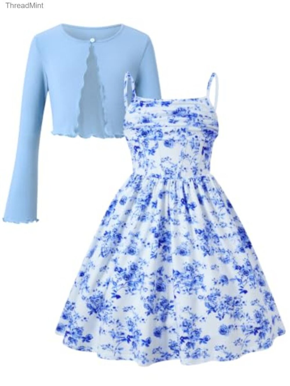 Girls 2-Piece A-Line Cami Dress & Cardigan Set Ruched Floral